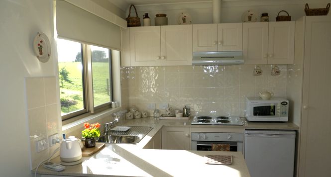 Little Lake Cottage boasts a fully-equipped kitchen with stove, microwave, kettle, fridge and more...